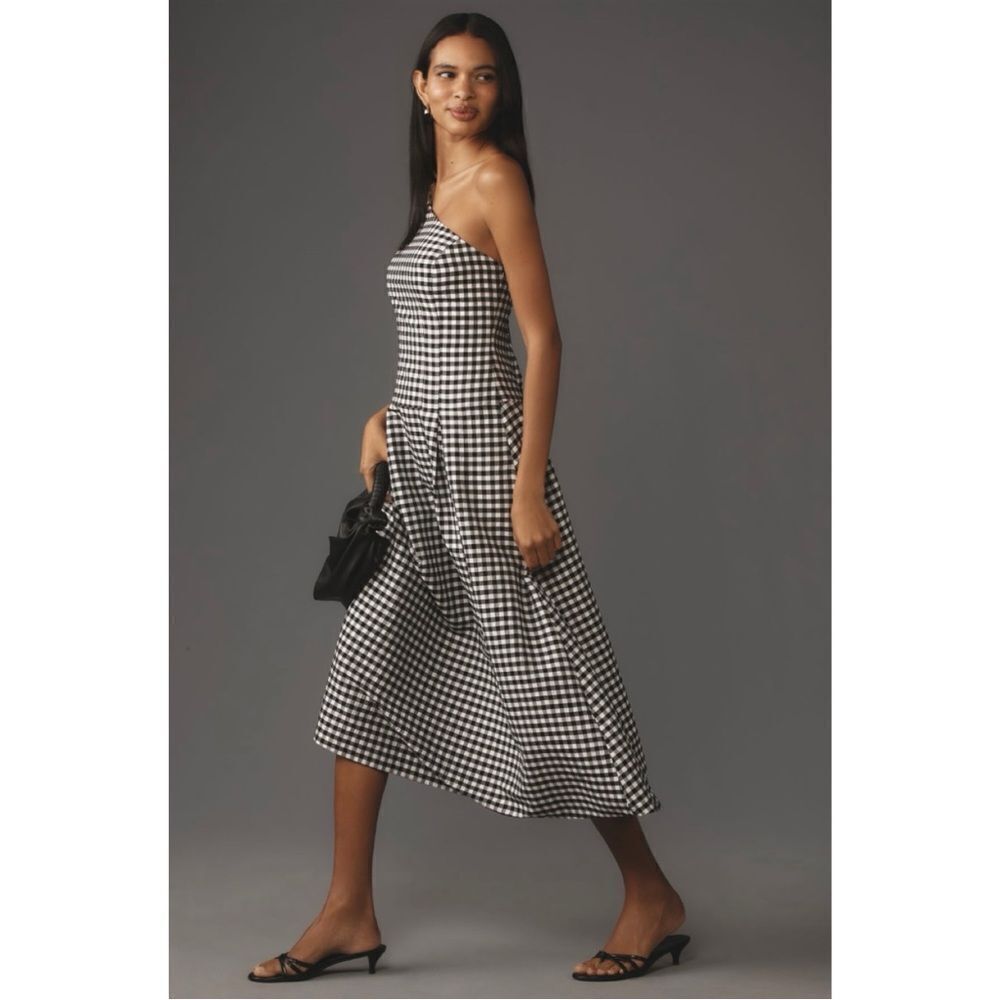 NEW By Anthropologie Black & White One-Shoulder Drop Waist Gingham Dress Small - Picture 3 of 7